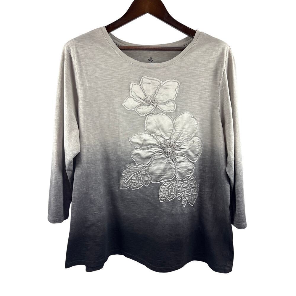 Women’s Charter Club Size 2X Dark & Light Grey Ombré 3/4 Sleeve Shirt w/ Florals